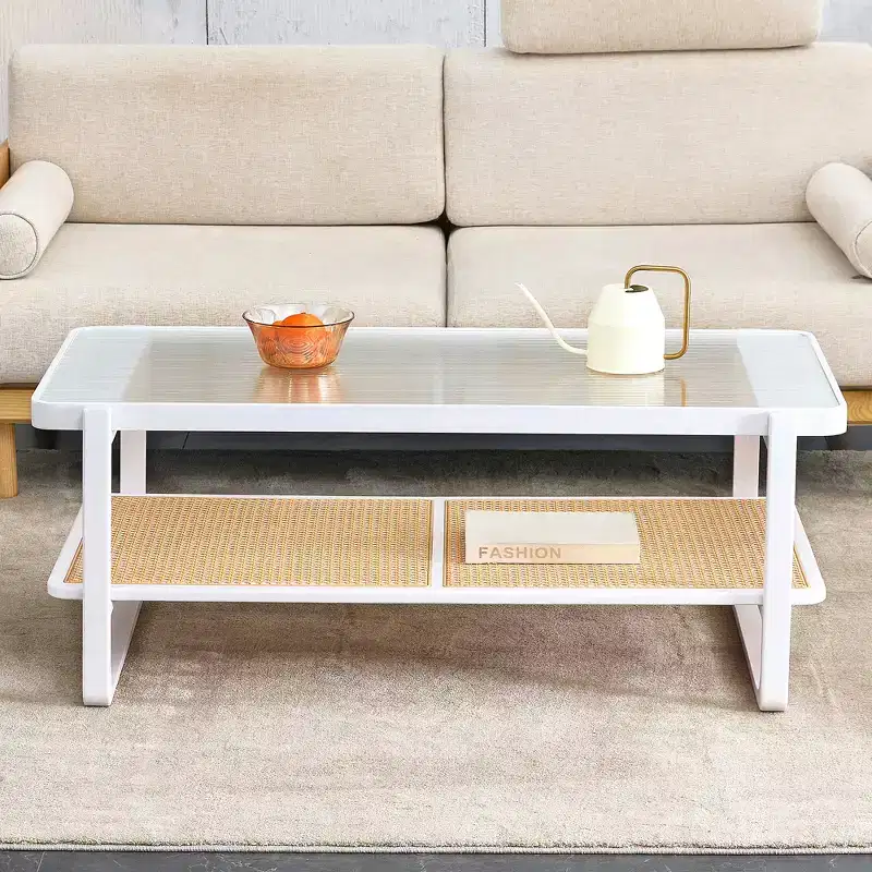 2-Tier Wood Coffee Table with Glass Top & Rattan-Style Edge, for Living Room or Bedroom