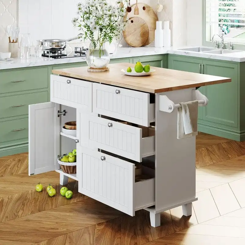 3-Piece Kitchen Island Set with Drop Leaf and 2 Seatings, Dining Table Set with Storage Cabinet, Drawers and Towel Rack