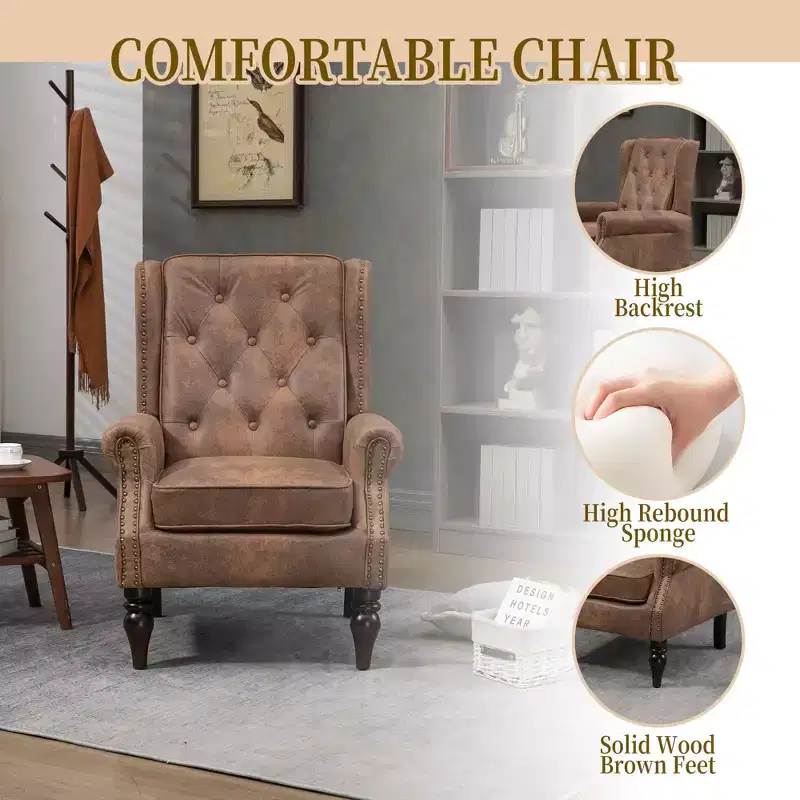 Wood Frame Armchair, Sturdy Wood Legs, Living Room Bedroom, Black PU