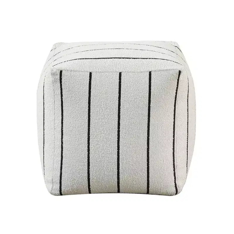 16 Inch Square Pouf, Chic Jacquard Ottoman, Footrest Stool, Non-Slip, 300 lbs Capacity, White Stripes