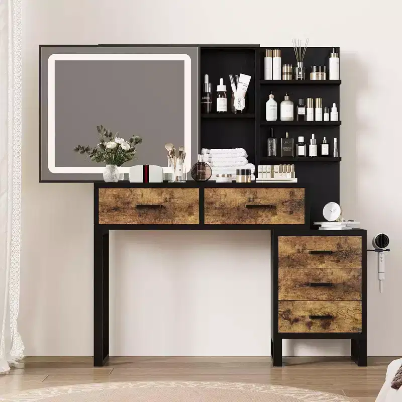 Makeup Vanity Desk with Sliding Mirror and Lights, Large Dressing Table with Charging Station