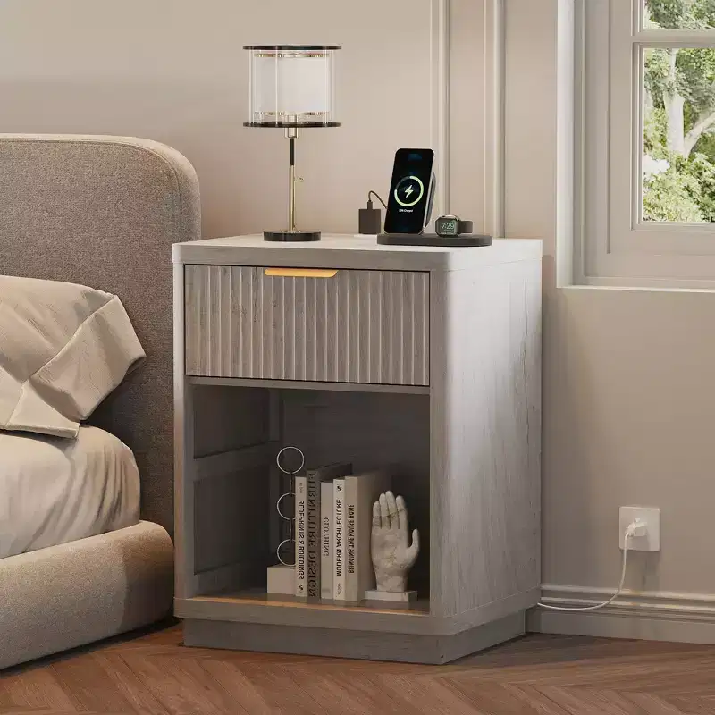 Nightstand with Charging Station, Drawers & Open Shelf, Modern Wood Bedside Table for Bedroom/Living Room/Office