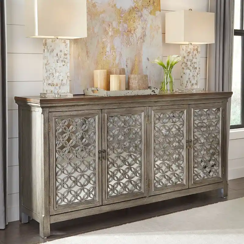 4-Door Mirrored Accent Cabinet with Wire-Brushed Gray Finish