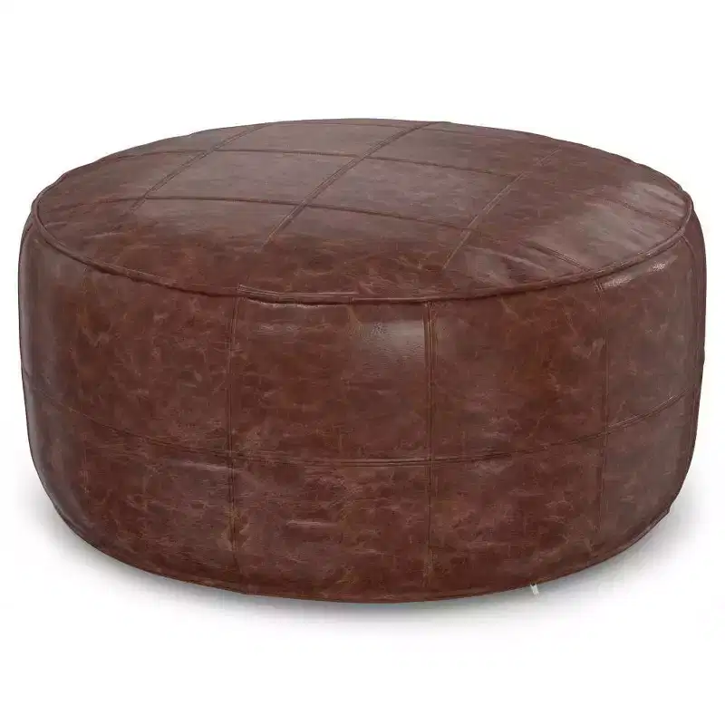 34" Darian Round Coffee Table Pouf Distressed Brown - WyndenHall: Genuine Buffalo Leather, No Assembly Required