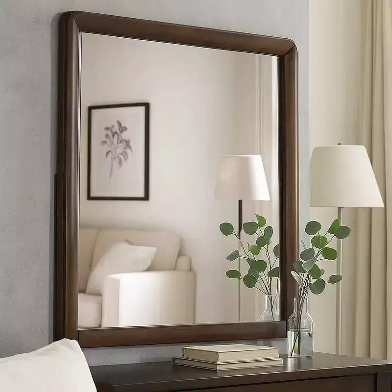 Brown Rectangular Dresser Mirror, Round Edges, Single