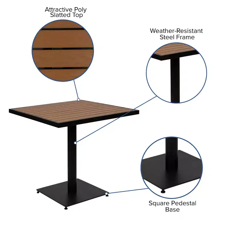 Flash Furniture Outdoor Patio Bistro Dining Table with Faux Teak Poly Slats, 30 Square