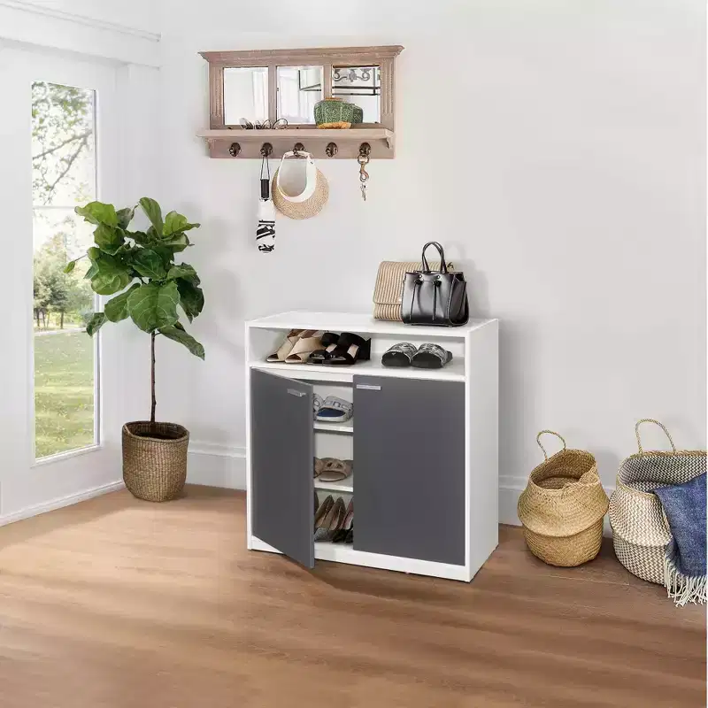 2-Door Shoe Storage Cabinet with Open Shelf White Grey Holds 16 Pairs Entryway