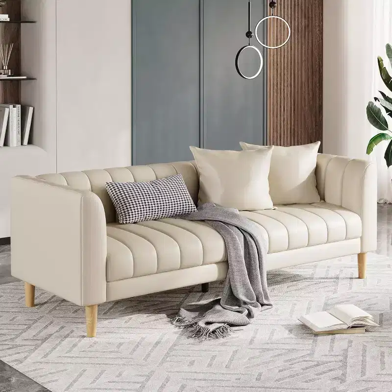 Faux Leather Sofa Couch, Modern 78 W Sofa with Deep Seats, 3 Seater Sofa Couch with 2 Throw Pillows and Wood Legs, for Living Room