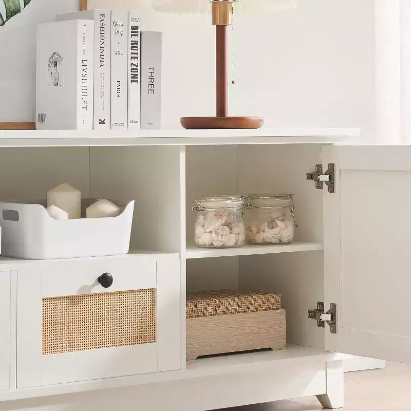 TV Stand, Entertainment Center - for 65+ Inch TV, Rattan Media Console with Storage & Mesh Door, Modern White TV Cabinet for Living Room