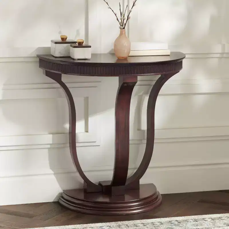55 Downing Street Farmhouse Rustic Vintage Oak Wood Half Round Console Table 31 x 17 1/4 Dark Brown Curved Legs for Living Room Bedroom Bedside