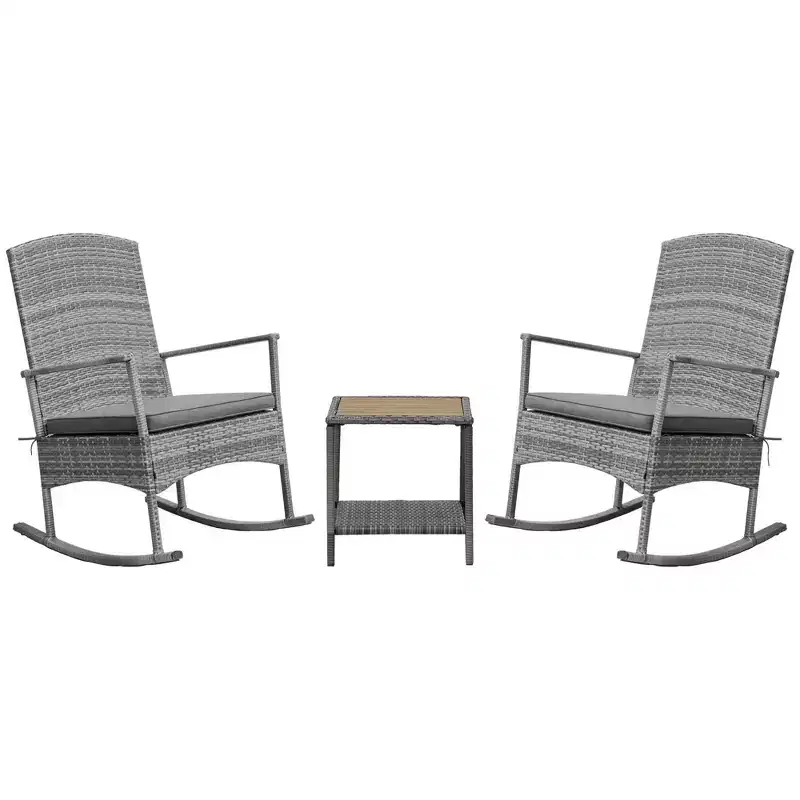 3 Piece Outdoor PE Rattan Rocking Chair Set, Patio Wicker Recliner Rocker Chair with Soft Cushion & Nature Wood Top Coffee Table