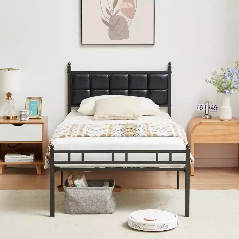 VECELO Twin/Full/Queen Metal Bed Frame Platform Bed with Faux Leather Headboard and 12 Under-Bed Storage, Matte Black
