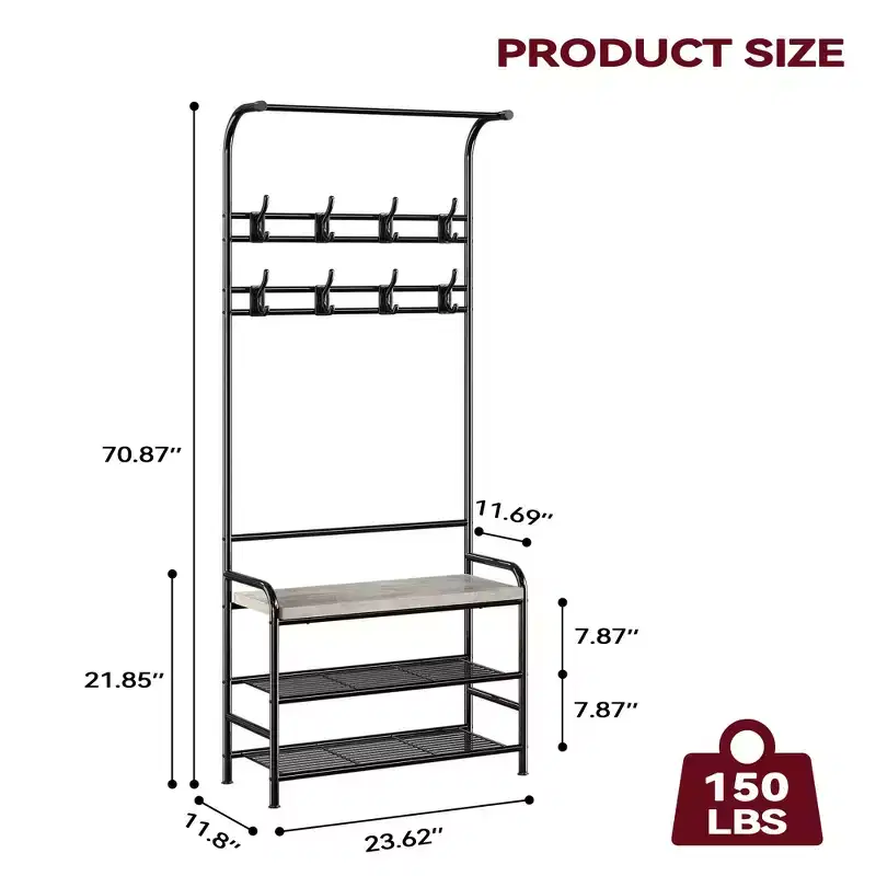 Coat Rack, Shoe Bench, 3in1 Hall Tree Shoe Rack, 3-Tier Storage Shelf and 8 Hooks, Freestanding Shoe Racks Organizer for Entryway, Bedroom