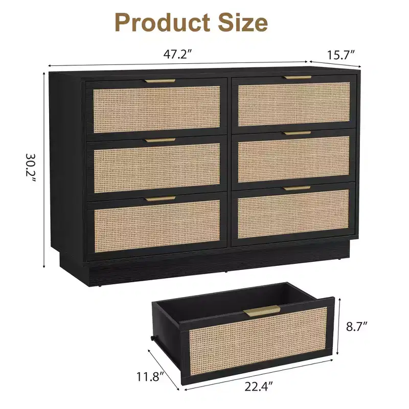 6 Drawer Rattan Dresser for Bedroom, Integrated Cabinet Body & Legs Design, Wooden Chest of Drawers for Hallways, Entryways and Closet, Easy Assembly