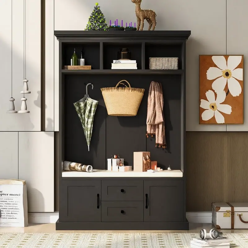 3-in-1 Design Hall Tree with Storage Bench,3 Hooks and Cushion