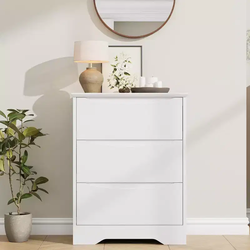 Wooden Dresser with 3 Drawers, Tall Modern Closet with Deep Storage, Long Storage Dresser for Bedroom, Living Room, White
