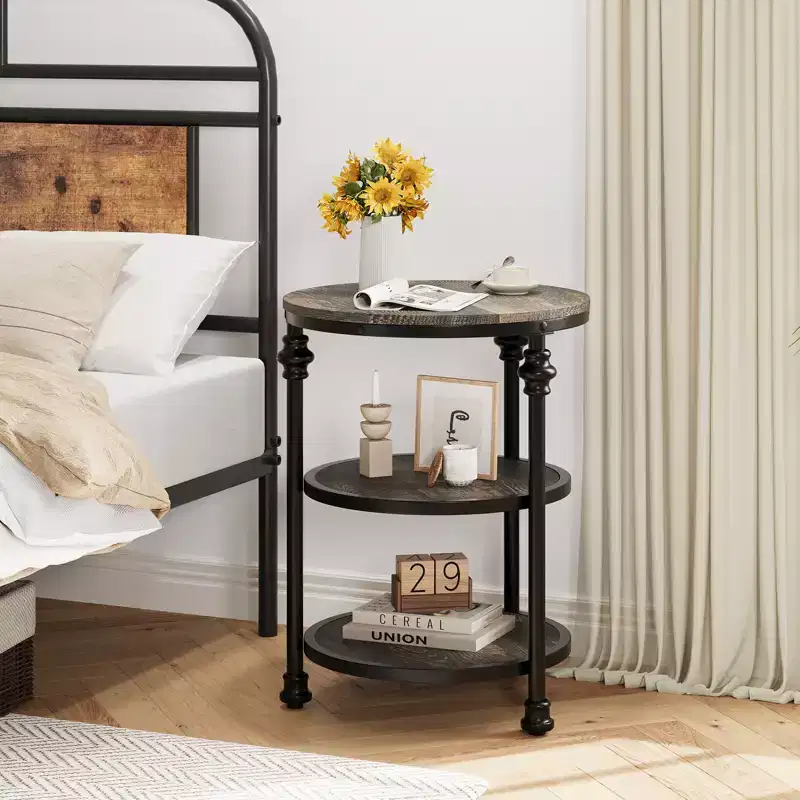 3-Tier End Table with Storage, Side Table with Metal Column Legs for Living Room Bedroom