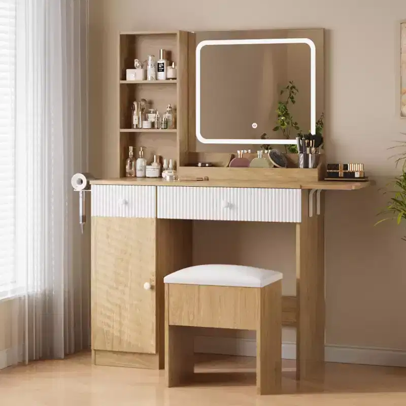 Vanity Desk with Mirror and Lights, Power Outlets Makeup Table with Drawers & Cabinet