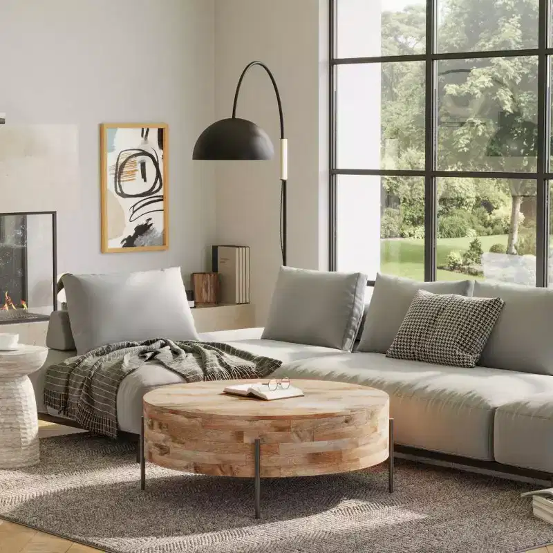WyndenHall Farmington Drum Coffee Table Natural : Modern Industrial Style, Mango Wood & Iron, 38