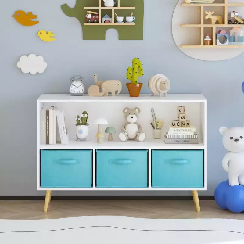 Okak Bedroom Dresser Bookcase with 3 Collapsible Fabric Drawers Ample Toy Storage Cabinet Children's Book Display for Hallway Kids Room