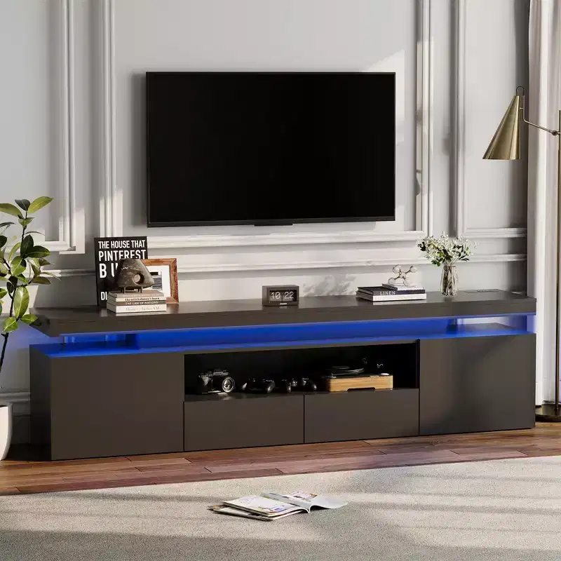 High Gloss TV Stand for 75/80/85 Inch TV, Modern Entertainment Center with Lights & Glass Shelves, Media Console for Living Room & Bedroom
