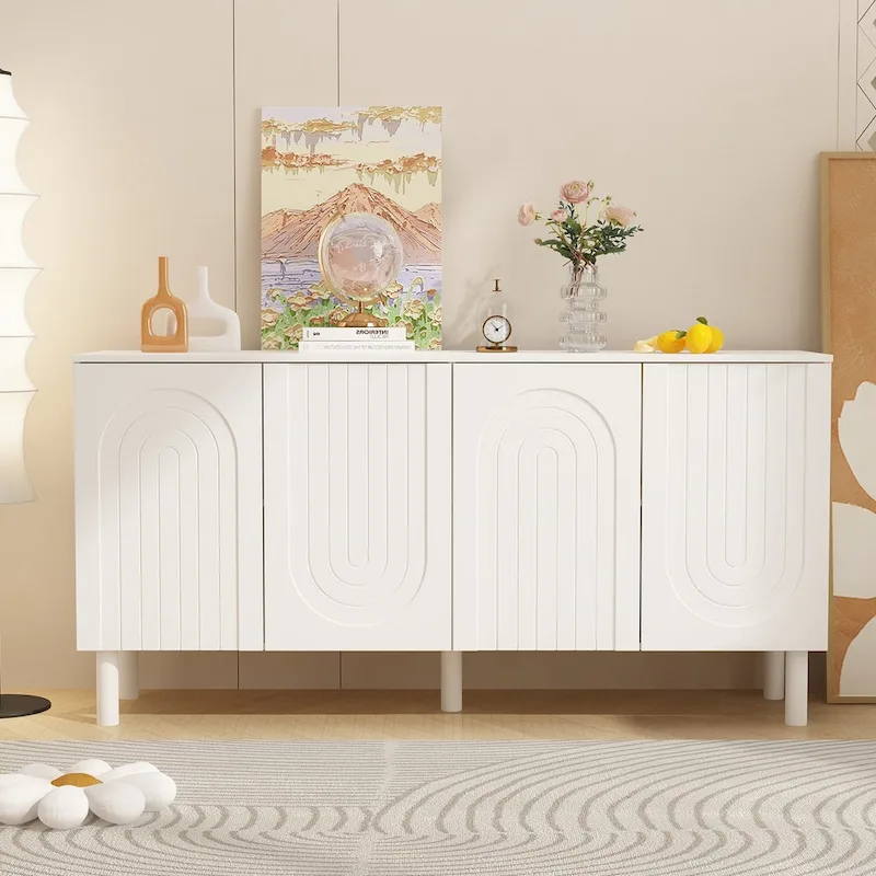 4-Door Storage Sideboard Cabinet - White MDF Buffet Table
