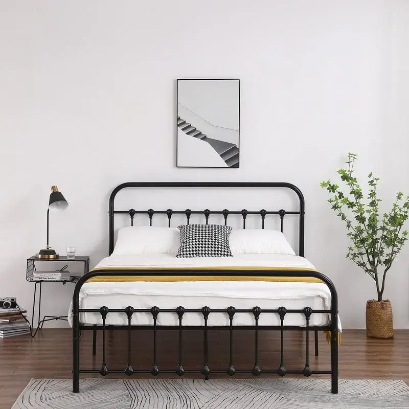 Iron Bed Frame with Shell Headboard Detail and Slat Support – Black, Twin / Full / Queen
