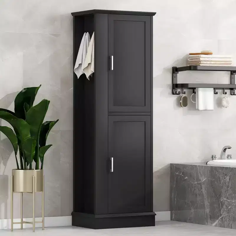 Whisen Tall Bathroom Storage Cabinet, Freestanding Storage Cabinet with Hooks and Adjustable Shelves