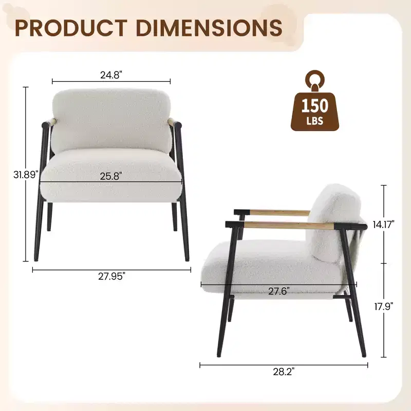 Modern Accent Chair, Cozy Reading Chair Upholstered in Plush 420g Fabric, with Spring Foam Cushion, for Bedroom and Living Room, White