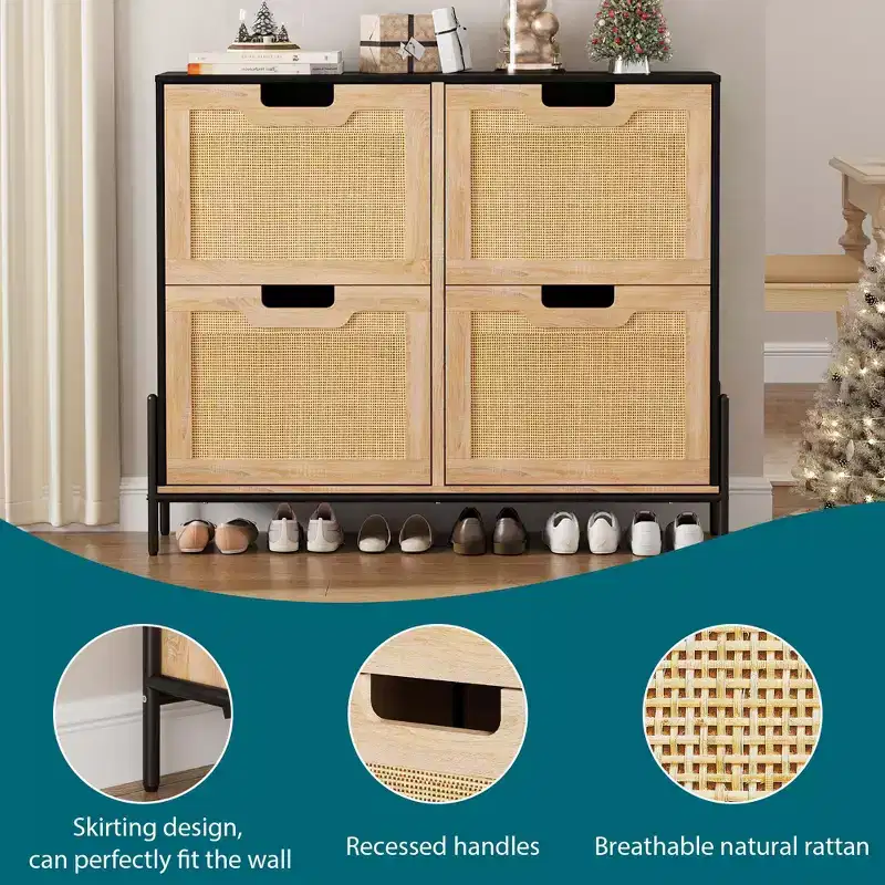 Shoe Cabinet Storage for Entryway, Rattan Shoe Cabinet with 4 Flip Drawers, Freestanding Shoe Storage Organizer