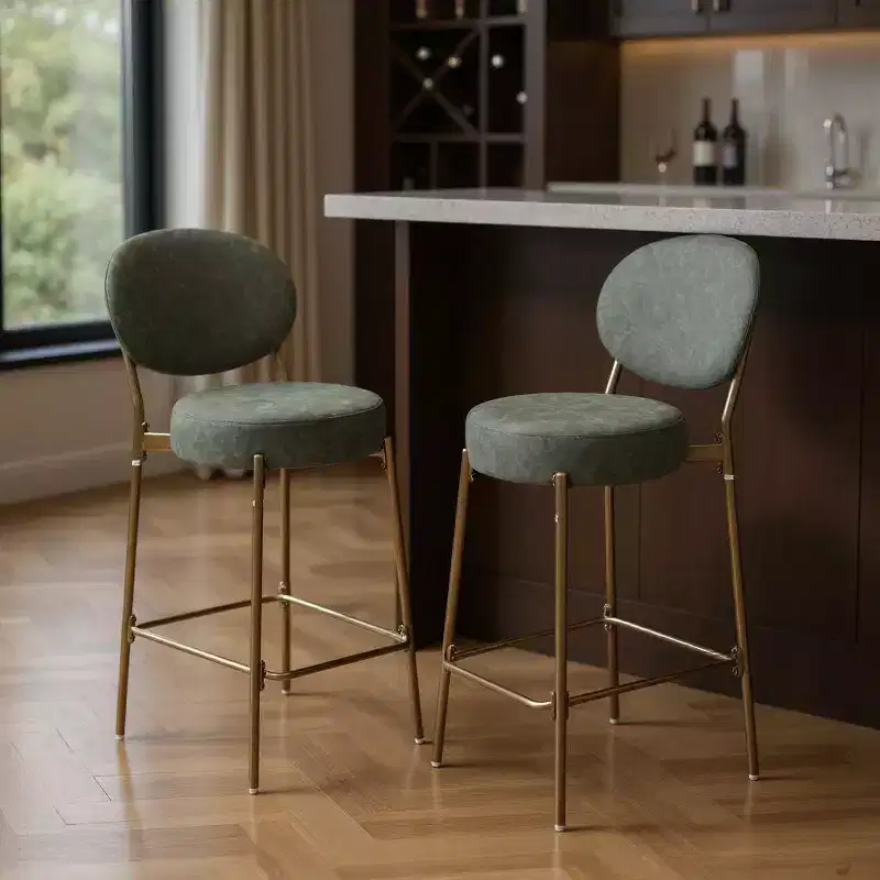 29.13 inches (H) Green and Gold Faux Leather and Metal Low Back Bar Height Bar Chairs
