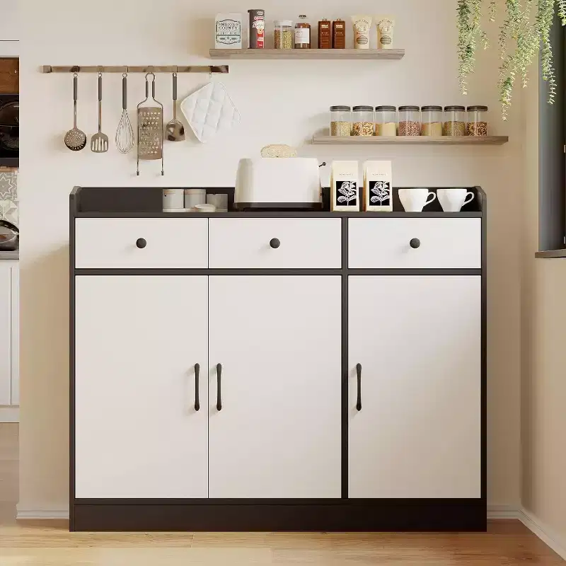 42.5 Inch Sideboard Buffet Cabinet,Modern Kitchen Storage Cabinet with Adjustable Shelves,Wooden Cupboard with 3 Drawers for Living Room,Dining Room