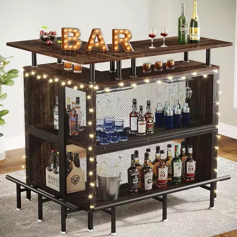 Lantine L-Shaped Home Bar Unit: Rustic Brown, with stemware racks, 2-tier shelves, footrest.