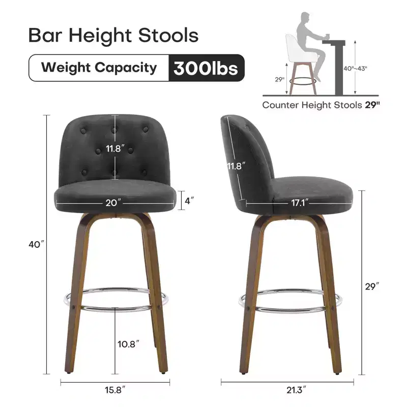 29 Swivel Upholstered Bar Stools, Leather Cushion Seat & Button-tufted Back Design with Bentwood Legs, Dark Grey