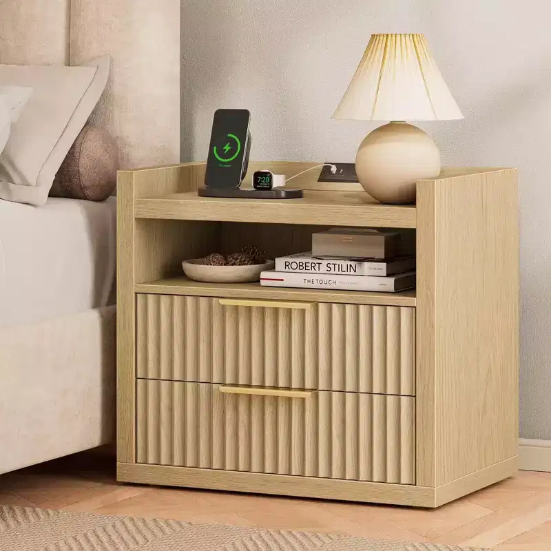 24 Inch Wide Fluted Nightstand With Charging Station 2 Drawers Open Storage Shelf Natural Wood Bedside Table Mid Century Modern End Table Bedroom
