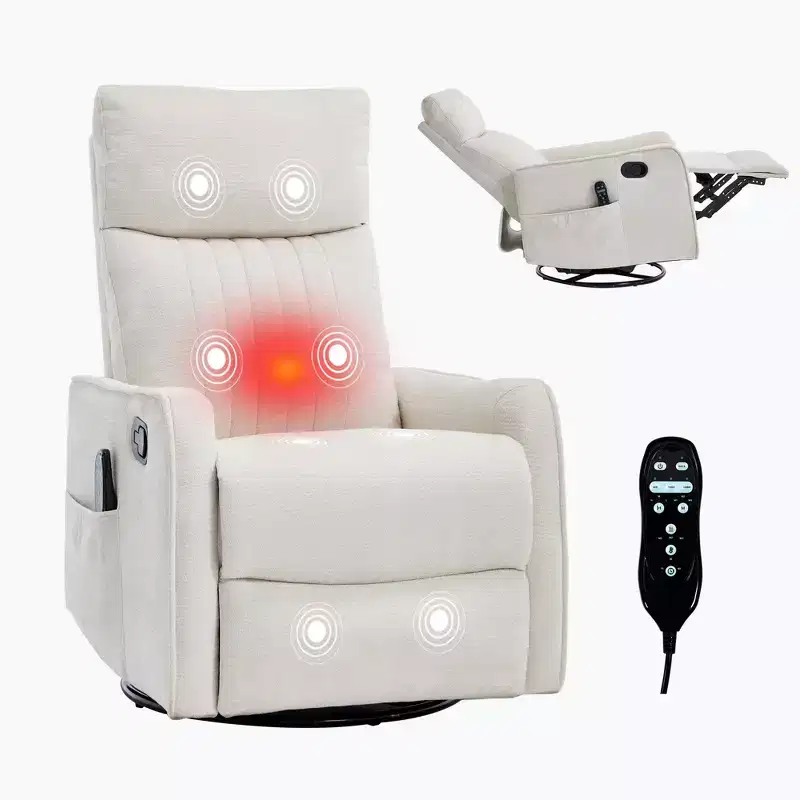 Beige Heat Massage Manual Recliner Chair with Rocker and Swivel in Fabric for Living Room
