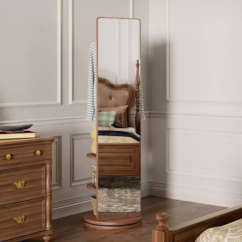 Modern Rotating Full Length Mirror with Functional Hook Coat Rack, Freestanding Floor Mirror for Bedroom, Dressing Room, Walnut