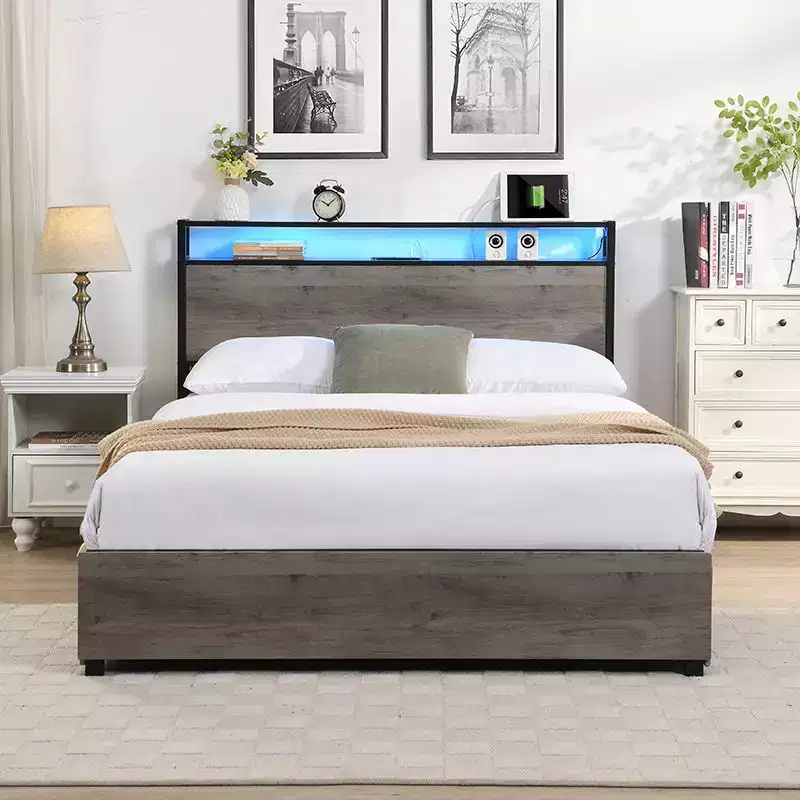 Okak Full/Queen/King Platform Bed Frame with Storage Headboard, Bed with Charger Station LED Light, No Box Spring Needed Noise-Free Metal Slats