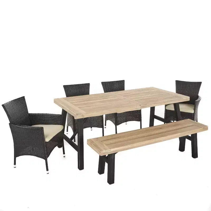 GDFStudio Bruna Outdoor Wicker and Acacia Wood 6 Piece Dining Set with Bench, Brushed Gray/Multibrown