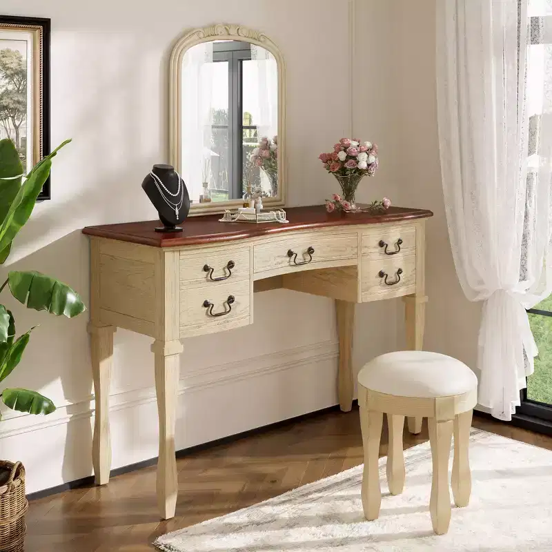 Vintage Makeup Vanity Dressing Table Vanity Desk with Curved Flower Frame Mirror, 5 Drawers & Matching Stool, Brown+Antique White - ModernLuxe