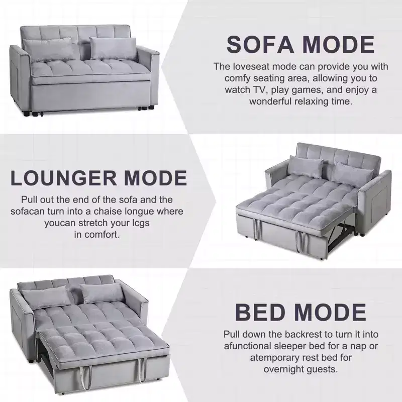 3-in-1 Convertible Sleeper Sofa Bed Pull Out Couch Velvet Loveseat with Pillows Gray