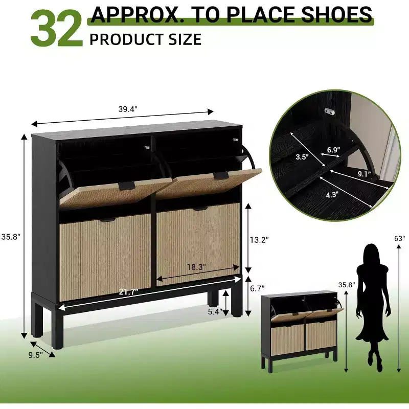 COZONY Fluted Shoe Cabinet with Flip Drawers, Modern Narrow Storage Organizer for Entryway, Freestanding Farmhouse Shoe Rack for Front Door