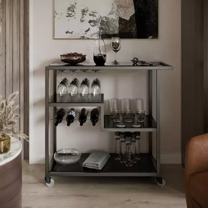 Holly & Martin Zephs Bar Cart - Gunmetal Gray w/ Black Glass - SEI