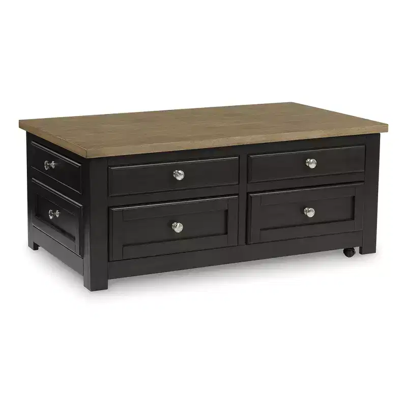 Signature Design by Ashley Drazmine Two-Tone Lift Top Coffee Table with Storage Drawers & Casters, Brown