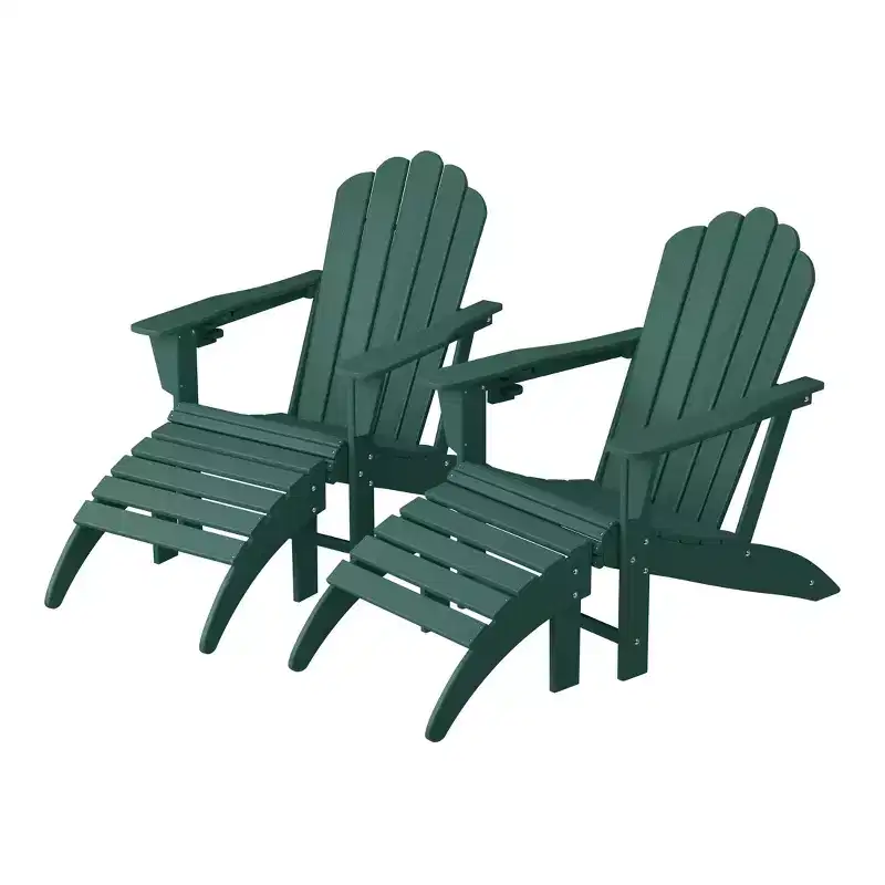 WestinTrends Highland 4-Piece Outdoor Patio HDPE Adirondack Chairs With Ottomans and Cup Holder Set, Dark Green