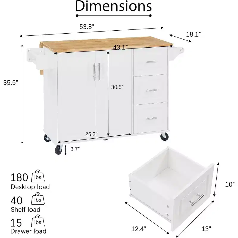 MooxvMoo Rolling Kitchen Island with Drop Leaf Countertop, Storage Cabinet & Tower Rack - Mobile Barn Door Cart on Wheels, White