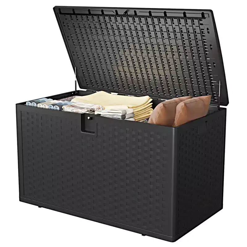 120 Gallon Waterproof Lockable Resin Outdoor Storage Box, Weatherproof Rattan Style with Side Handles, for Patio Furniture, Garden Tools