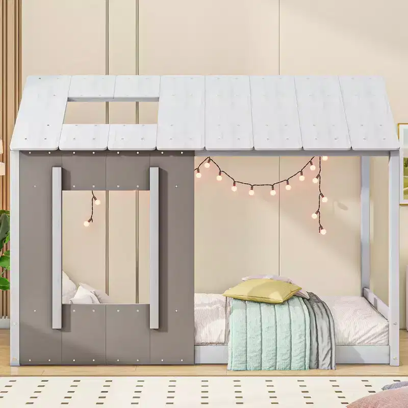 Twin Size Platform Bed with Roof and Window House Bed Frame, No Box Spring Required Twin Size Bedframe for Bedroom, Children's Room, Kids Room