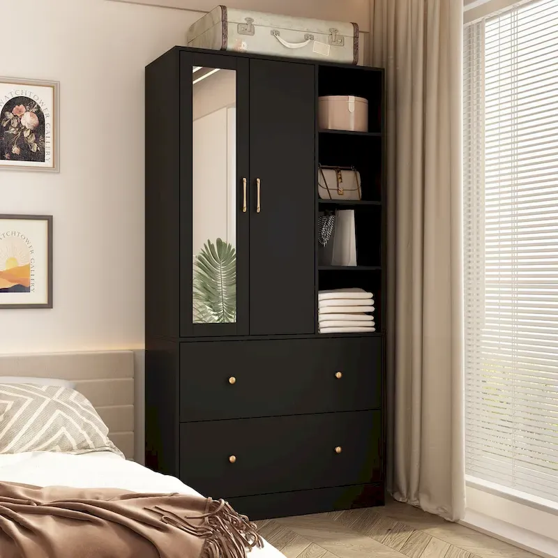 Wardrobe Clo Armoire wi/Mirror & Scalable Hanging Rod Space Saving
