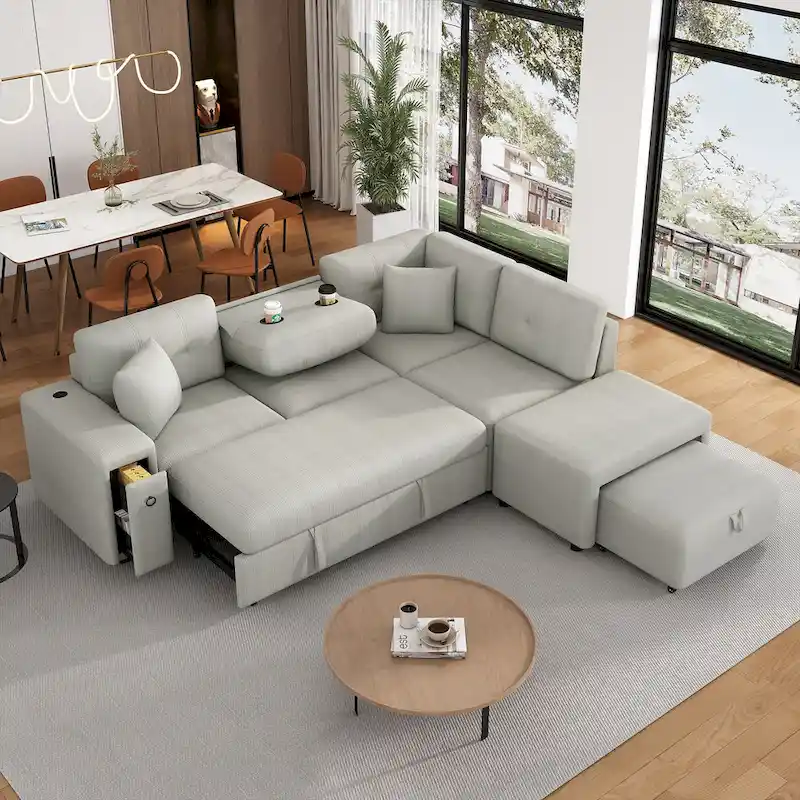 L-Shaped 4-Seat Sectional Sofa with Pull-Out Bed, Ottoman, USB Ports & Drop-Down Table